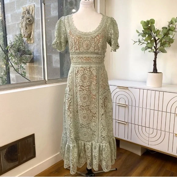 Self-Portrait Guipure Lace Midi Dress in Pistachio Green, Size 6 NWOT - Picture 4 of 16